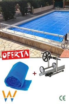 OFERTA PACK ENROLLADOR Y MANTA TERMICA PARA PISCINA DE 4X4M. 220,50€ Enrollador para piscina de 4x4 . Nuestros enrolladores telescópicos están fabricados en aluminio anonizado, esta formado con tubos telescópicos que permiten ajustar la longitud para piscina. Manta térmica de burbuja azul para piscina de 4x4m. con Refuerzo en un lateral.